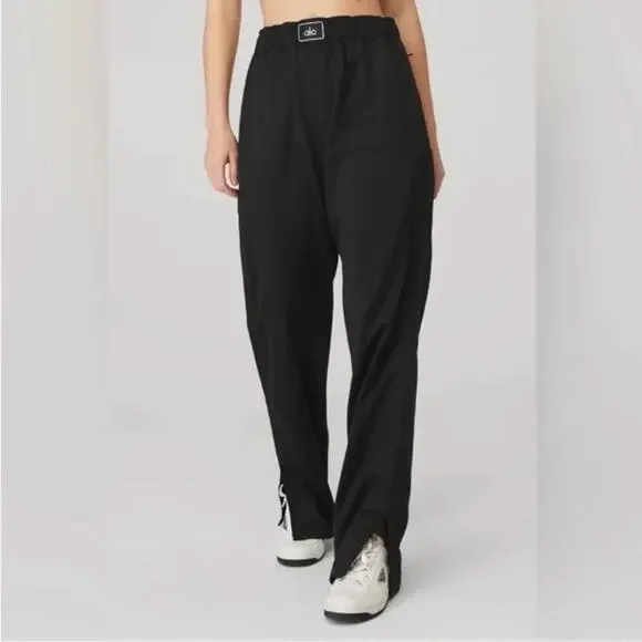 Alo Yoga Prizewinner Track Pants Black Wide Leg Logo Waistband Athleisure Small - Picture 1 of 13